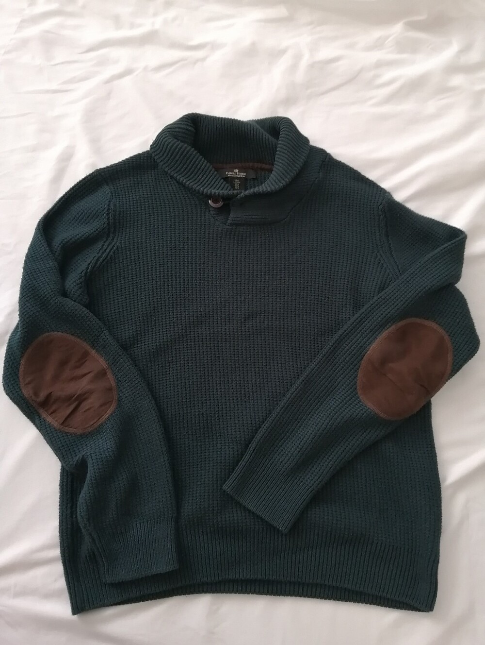 Daniel Bishop Green Waffle Knit Sweater Faux Suede Elbow Patches Medium